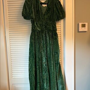 Anthropologie Green Maxi Dress with Puff Sleeves and V-Neck